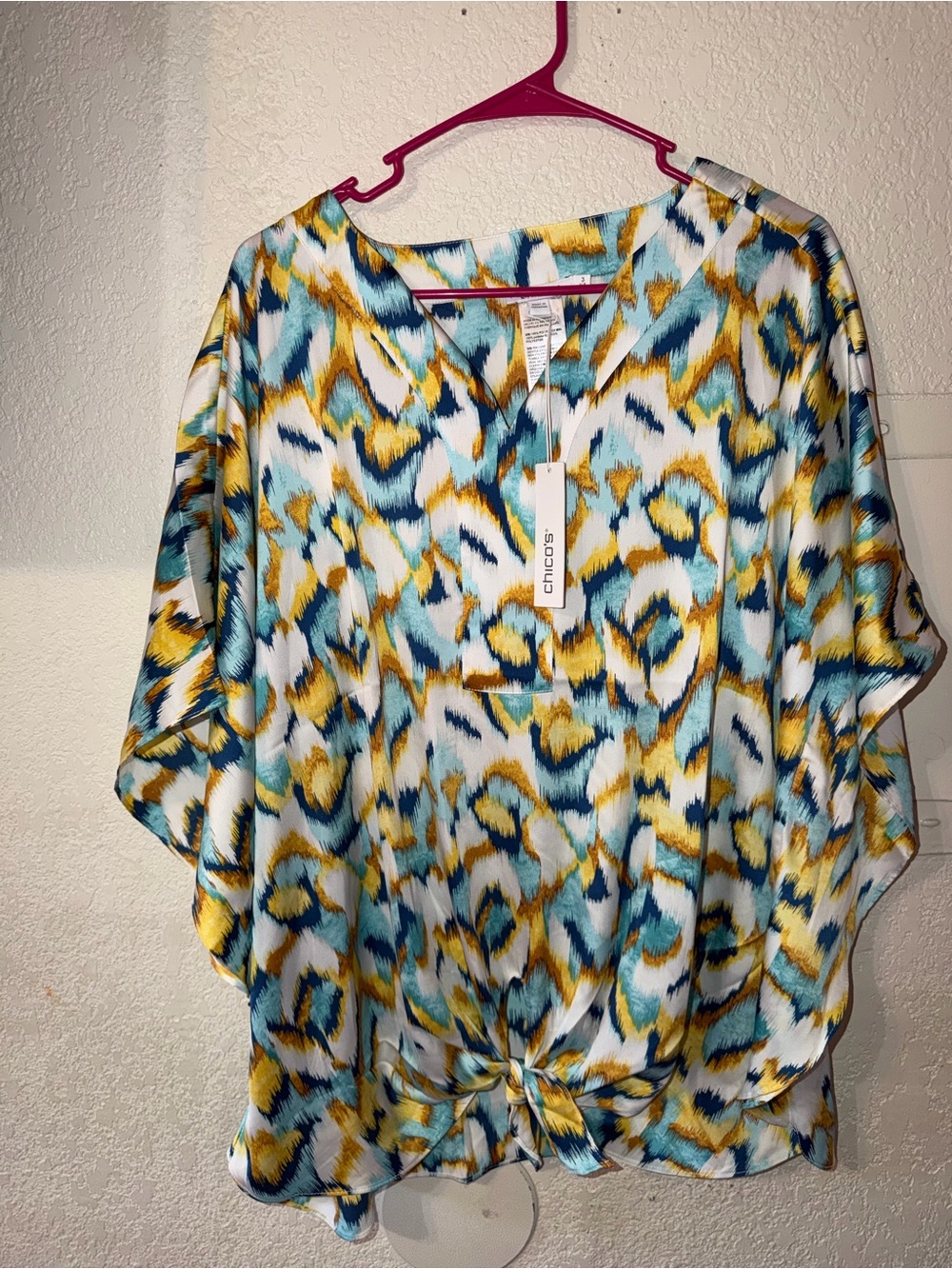 Chico's Teal, Yellow & White Abstract V-Neck Tie-Front Blouse